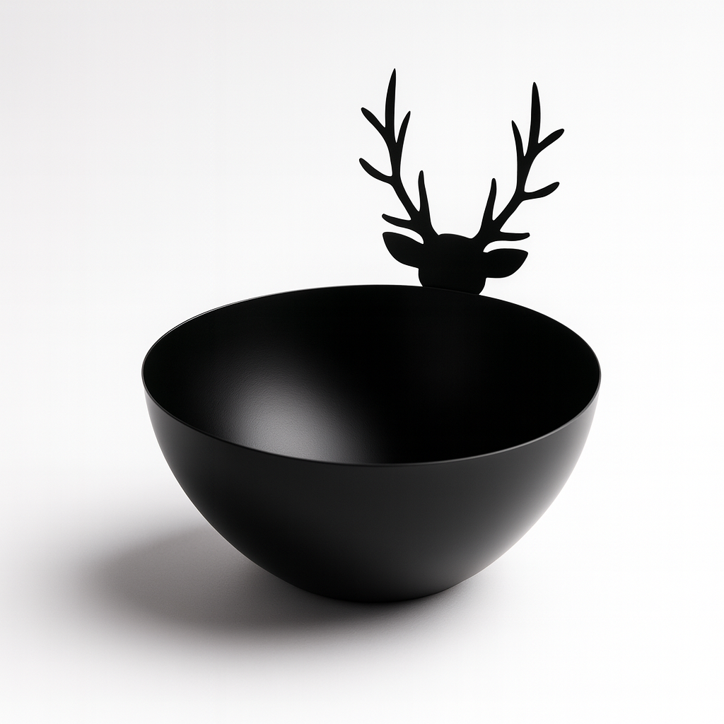 Schwarze Metallschale mit dekorativem Hirschmotiv
